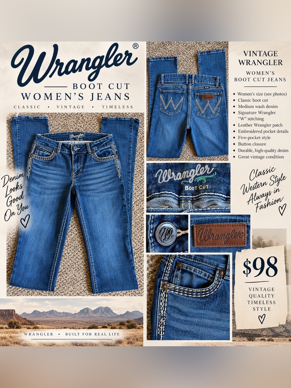 Wrangler Women's Boot Cut Jeans - Distressed size: 7/32 Denim
